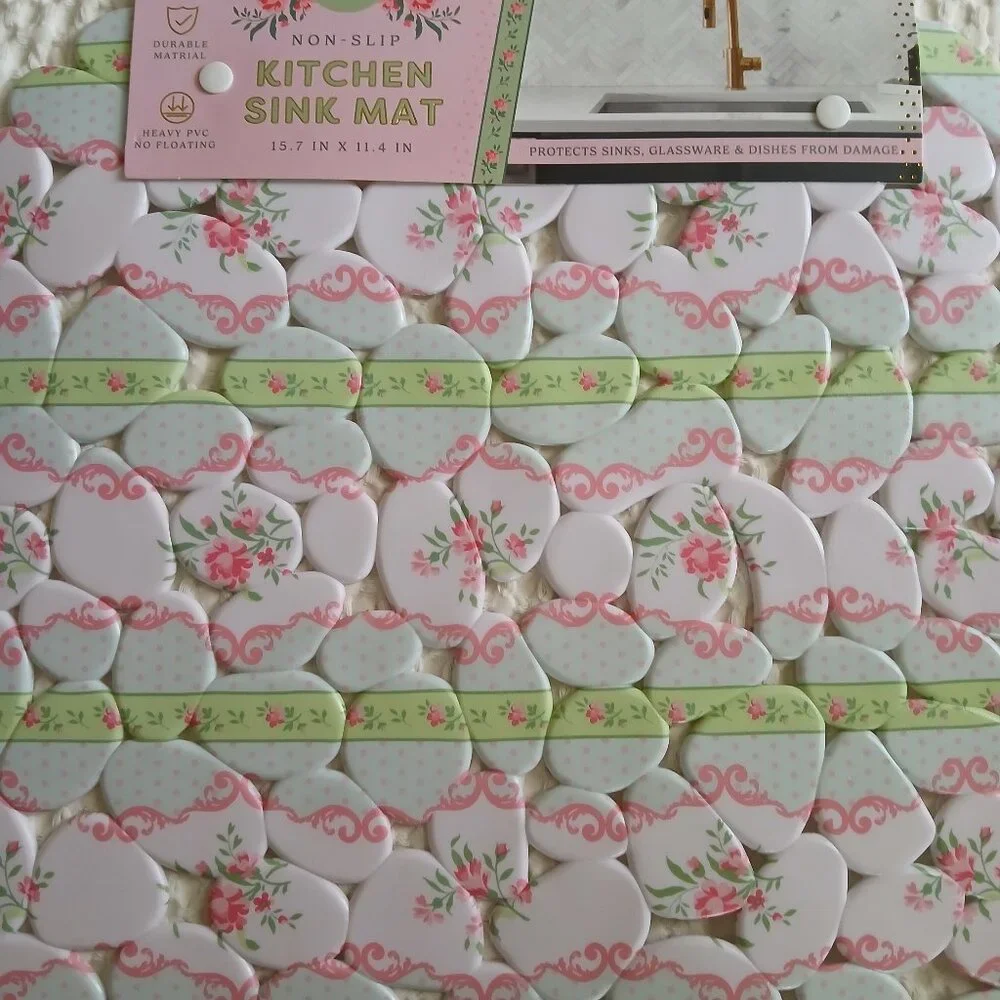 Listing For STEVE - 2 Kitchen Sink Mats-Coquette Pink Pastel Floral Non-Slip NWT - Picture 9 of 10